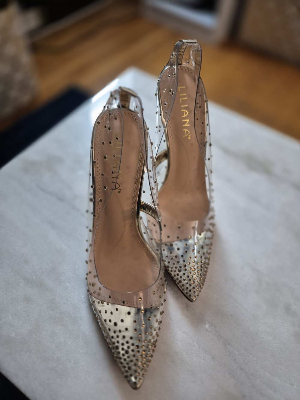 Miss Lola Gold Studded Clear Pointed Slingback Heels